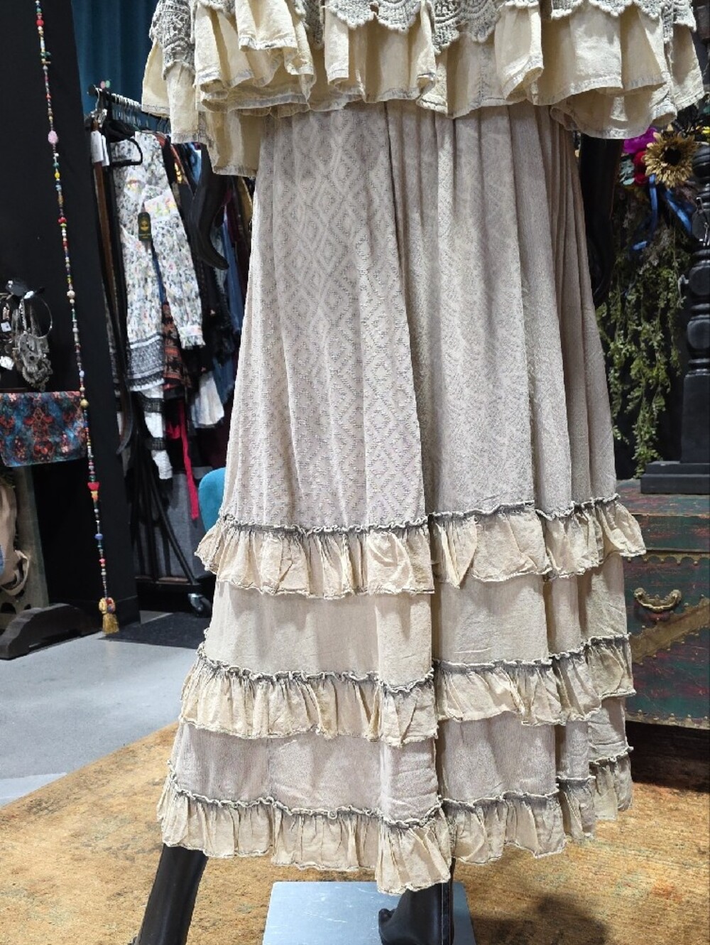 SOLD! Young Threads Latte Boho Cream Maxi Skirt with Layered Ruffles - Picture 9 of 10